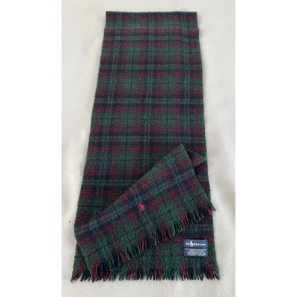 VTG Polo Ralph Lauren Men's Lambwool Plaid Scarf Red Green 58